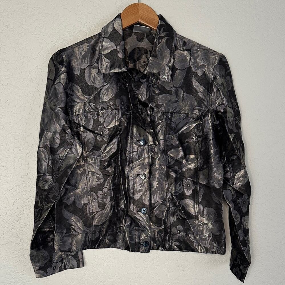 Chico's Black and Silver Floral Satin Jean Jacket